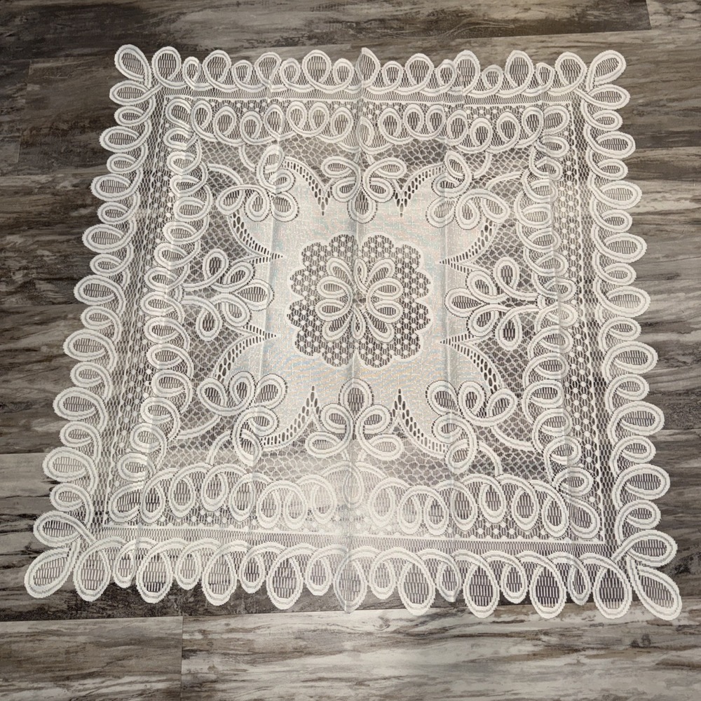 Vintage Off White Lace Table Topper Doily 36 In Square Scalloped Cottagecore